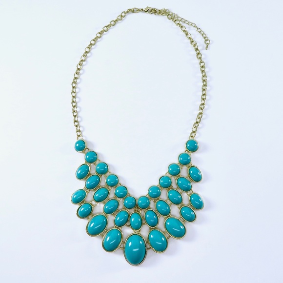Bib Necklace Statement Piece, Glass Turquoise Cabs - Picture 3 of 7